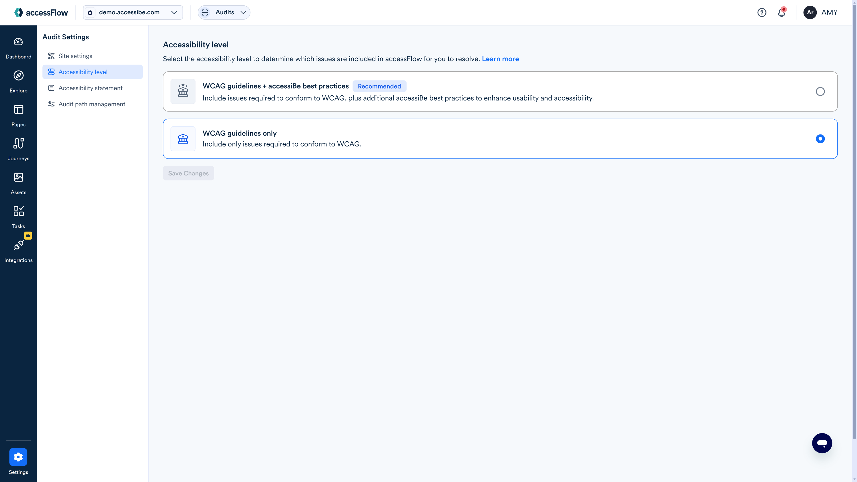 Screenshot of accessibility level